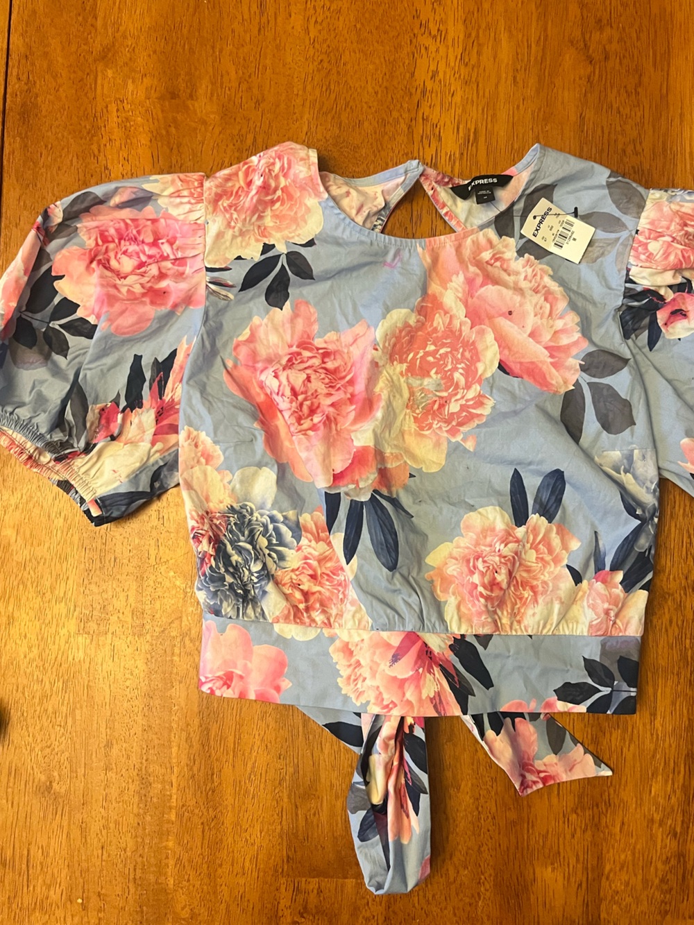 Express Blue Floral Off-Shoulder Top with Pink Blooms